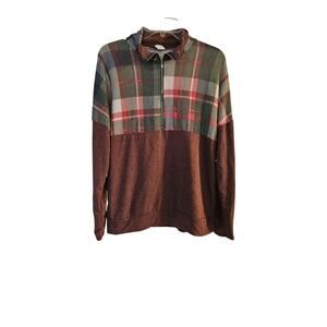 Boutique 3/4 zip pullover long sleeve plaid ladies shirt
